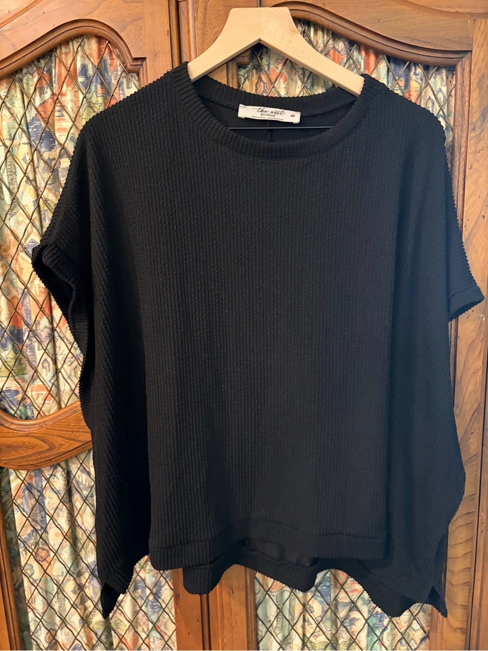 Three Bird Nest Black Waffle Knit Relaxed Short Sleeve Top